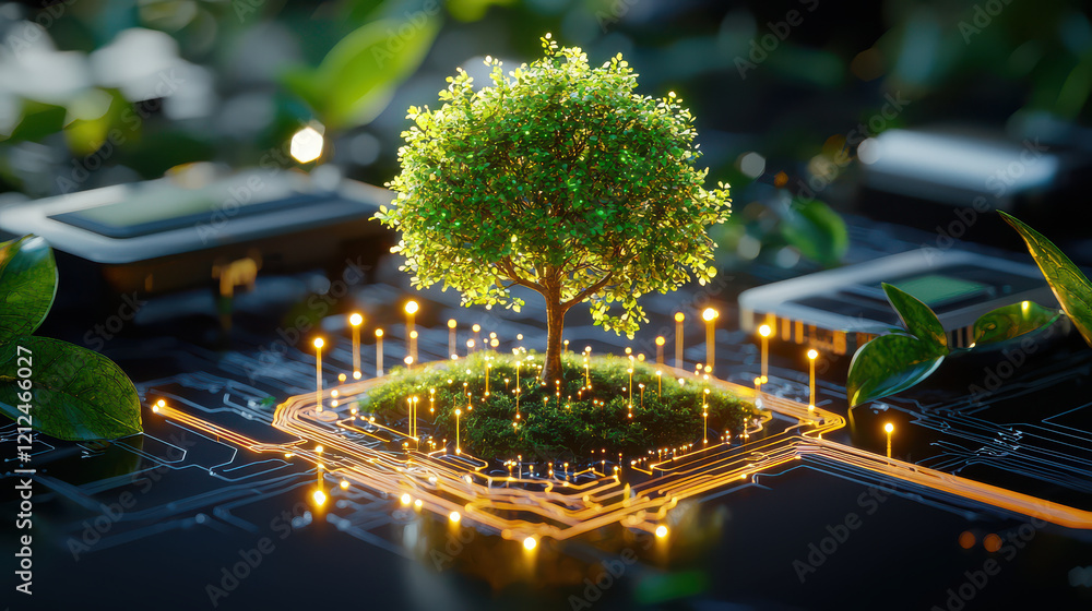 Poster small vibrant tree surrounded by technological elements, symbolizing fusion of nature and technology. glowing circuit board highlights connection between two worlds