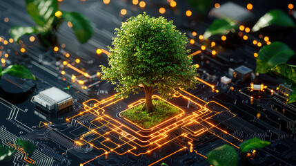 small vibrant tree surrounded by technological elements, symbolizing harmony between nature and technology. scene is illuminated with glowing circuits and green leaves, creating striking contrast