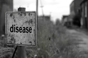 A weathered sign with the word "disease" displayed prominently in a desolate and blurred architectural background depicting urban decay