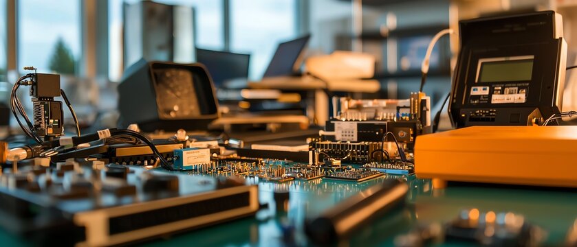 An array of electronic components scattered across a workspace, showcasing innovation and modern technology in a vibrant environment.