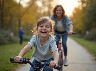 little child and mother cycling together in park