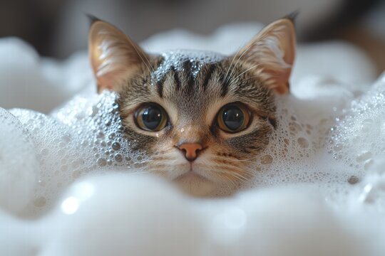 Cute cat enjoys relaxing bubble bath in private tub at home during cozy afternoon