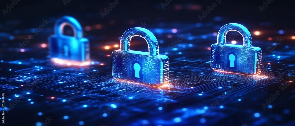 Poster 3d illustration of cyber security with padlocks, binary code, and microcircuits on a light surface, 
