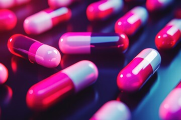 Colorful capsules scattered on a reflective surface symbolizing drug addiction challenges