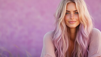 Fototapeta premium A stunning young woman with long blonde and lavender hair smiles warmly against a soft purple background, representing beauty, confidence, and serenity.