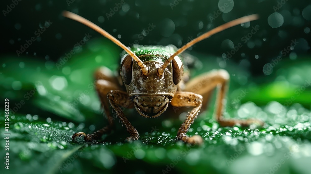 Aufkleber a detailed macro image of a grasshopper sitting on a wet leaf, capturing its intricate features and 
