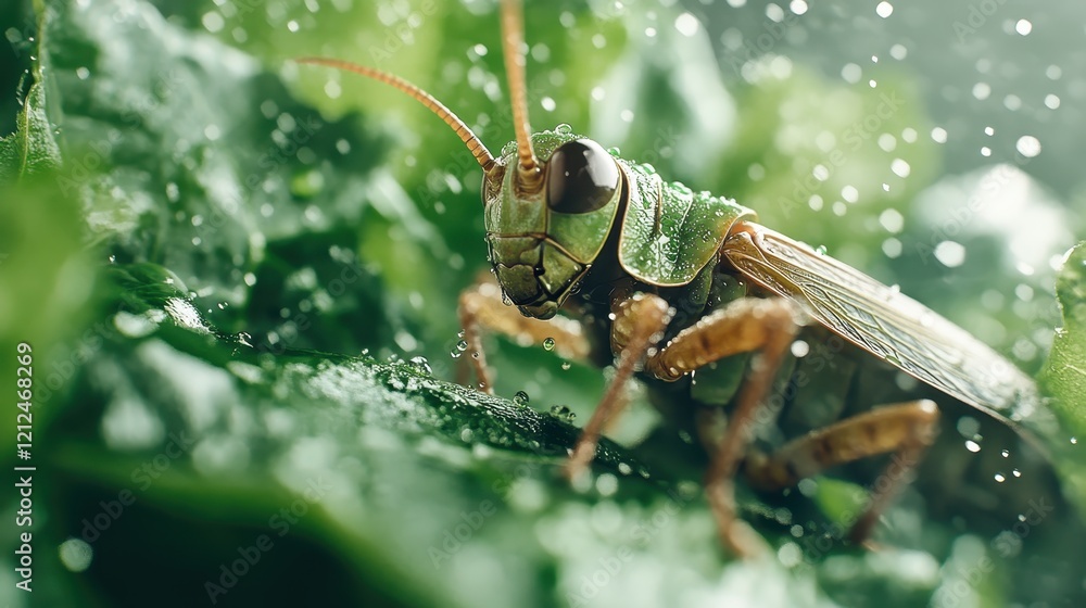 Aufkleber an extraordinary macro image of a grasshopper resting on a leaf with droplets of water, emphasizing 