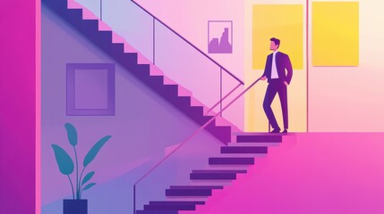 Businessman on staircase symbolizing growth flat design side view office theme animation vivid