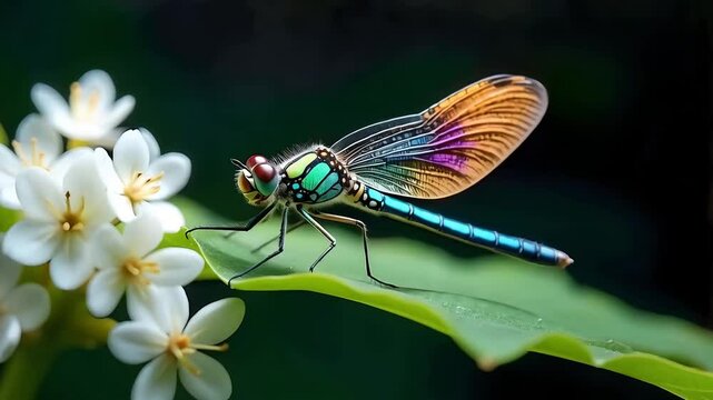 Colorful dragonfly with intricate wing patterns in blue, green, purple, orange, perched on leaf
