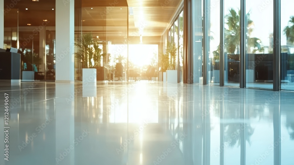 Poster this image showcases a sleek office hallway that reflects the warm glow of a setting sun, enhancing 