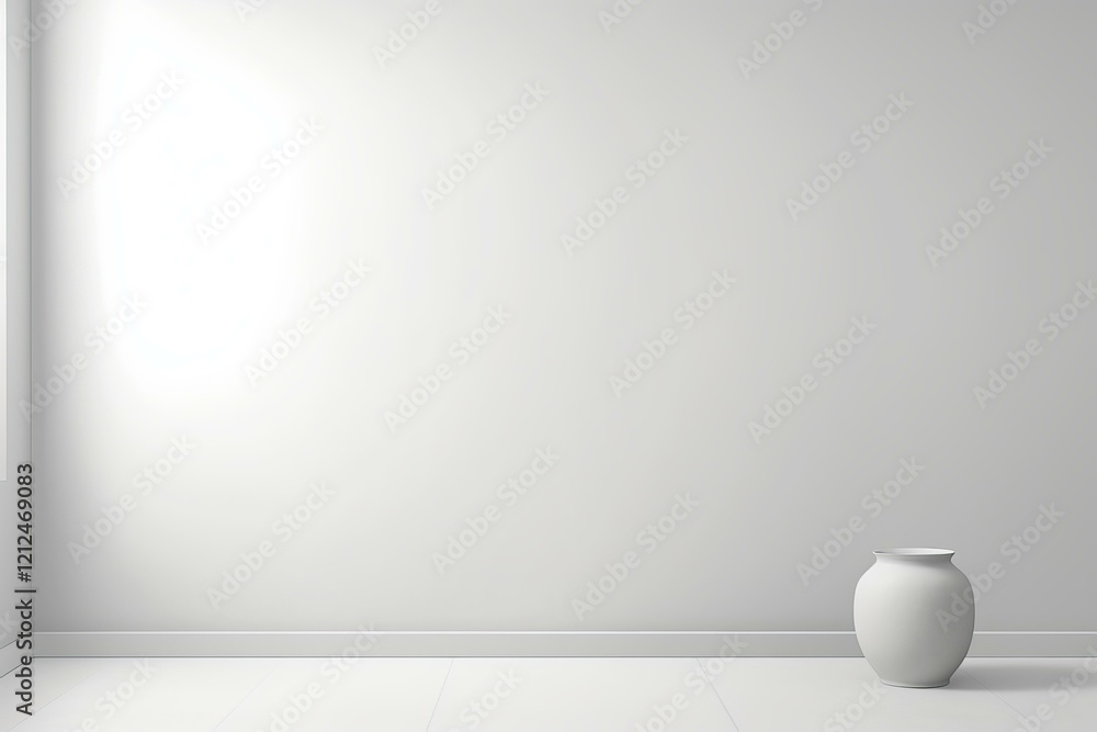 Poster empty white room with vase near window light, creating a minimalist and modern atmosphere