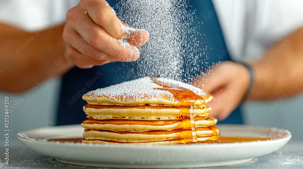 Poster delicious pancakes topped with syrup and sprinkled with powdered sugar, showcasing chef skill in pla