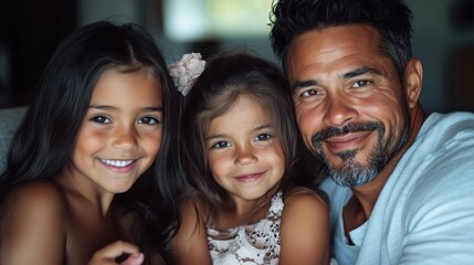 Fototapeta premium A smiling father poses with his two daughters in a warm indoor atmosphere, showcasing love, joy, and connection within a harmonious and cozy setting filled with affection.