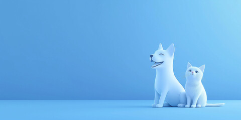 Banner with pets. Dog and cat smiling with happy expression and closed eyes. Isolated on blue colored background