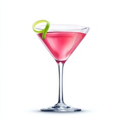 An elegant cosmopolitan cocktail with a vibrant pink hue, garnished with a twist of lime zest, the glass slender and sleek