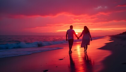 Fototapeta premium Couple holding hands walking on a beach at sunset with vibrant red and pink sky over ocean