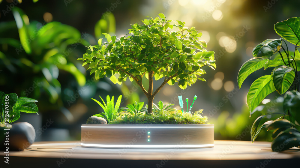 Poster tech infused botanical scene featuring mini tree surrounded by lush greenery and modern design elements, creating serene and innovative atmosphere