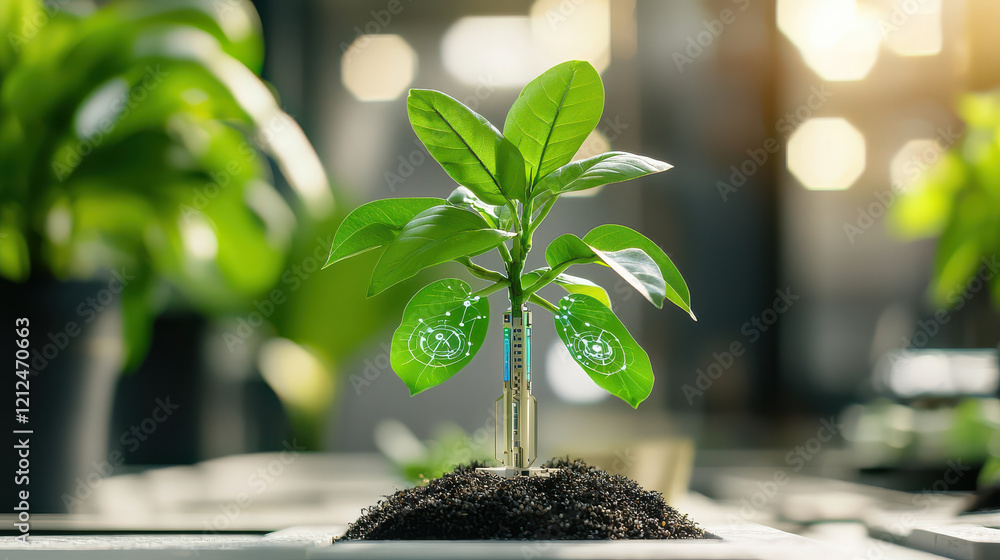 Poster tech infused botanical scene featuring mini tree with digital elements, symbolizing innovation in pl