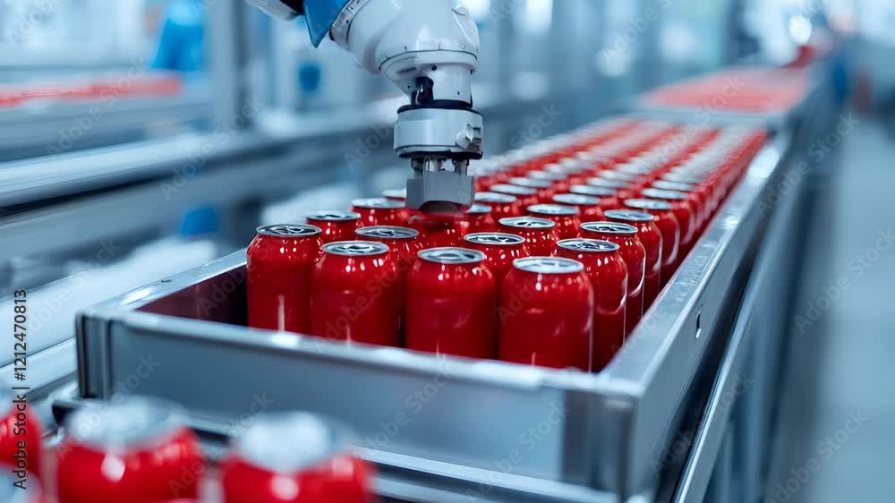 Poster automation in beverage production shows robotic arms handling red cans efficiently in a factory sett