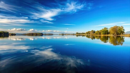 Obraz premium A serene still lake with a few ripples on its surface, reflecting a clear blue sky and a few wispy clouds, stillness, peaceful