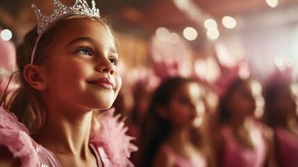 Fototapeta premium A young girl wearing a tiara and pink costume stands proudly among her friends, embodying the spirit of friendship and celebration in a sparkling festive environment.