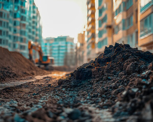 Urban Construction Site with Excavator and Earth Mound