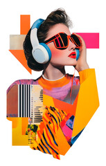 Pop Art Music Vibes: Woman in Vibrant Headphones and Geometric Sunglasses with Abstract Collage...