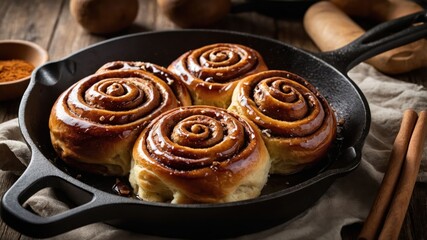 Freshly baked cinnamon rolls in a cast iron skillet, showcasing a delicious dessert.