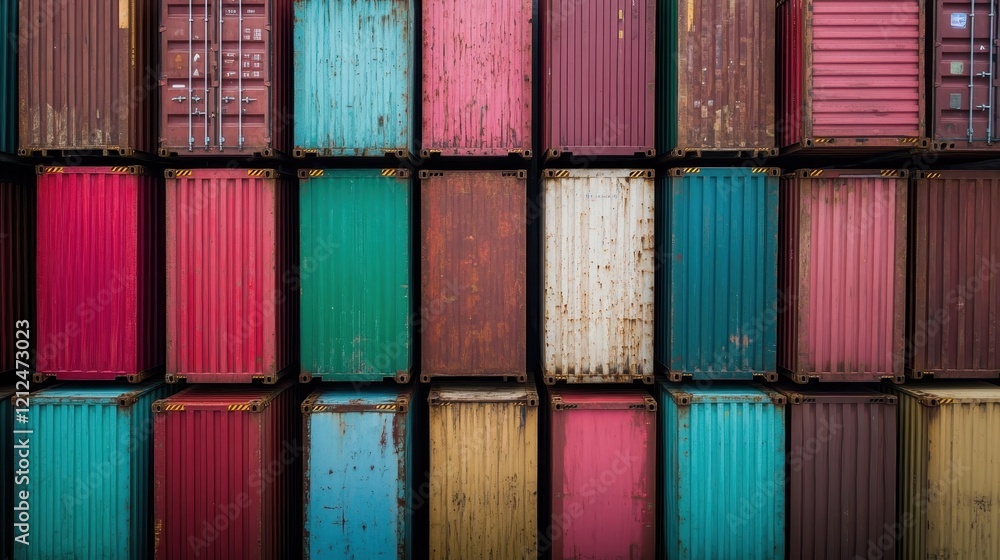 Poster an overhead view of a collection of shipping containers, demonstrating an intriguing interplay of co