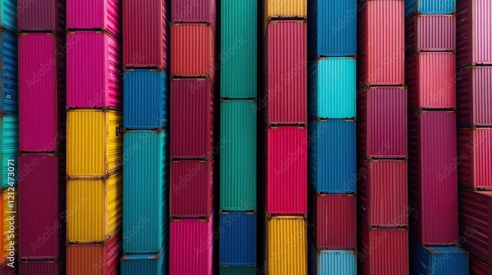 Poster a vibrant array of shipping containers stacked closely together, showcasing an artistic pattern and 