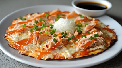 Delicious savory pancake topped with salmon, green onions, and drizzled with sauce, perfect for a gourmet meal.