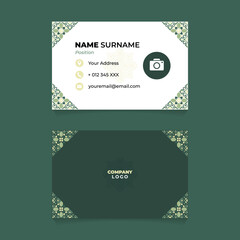 Name Card Design with Green Pastel Islamic Ornament on The Corner