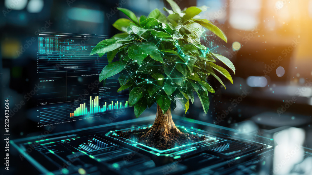 Leinwandbilder visually enhanced money tree surrounded by digital technology, symbolizing growth and innovation in 