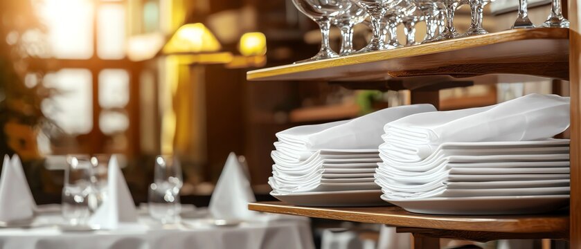 Elegant restaurant table setting showcasing pristine plates and glassware, perfect for fine dining experiences and culinary presentations.