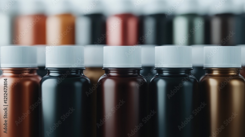 Poster this image presents an elegant collection of assorted bottles, showcasing unique shapes and colors t
