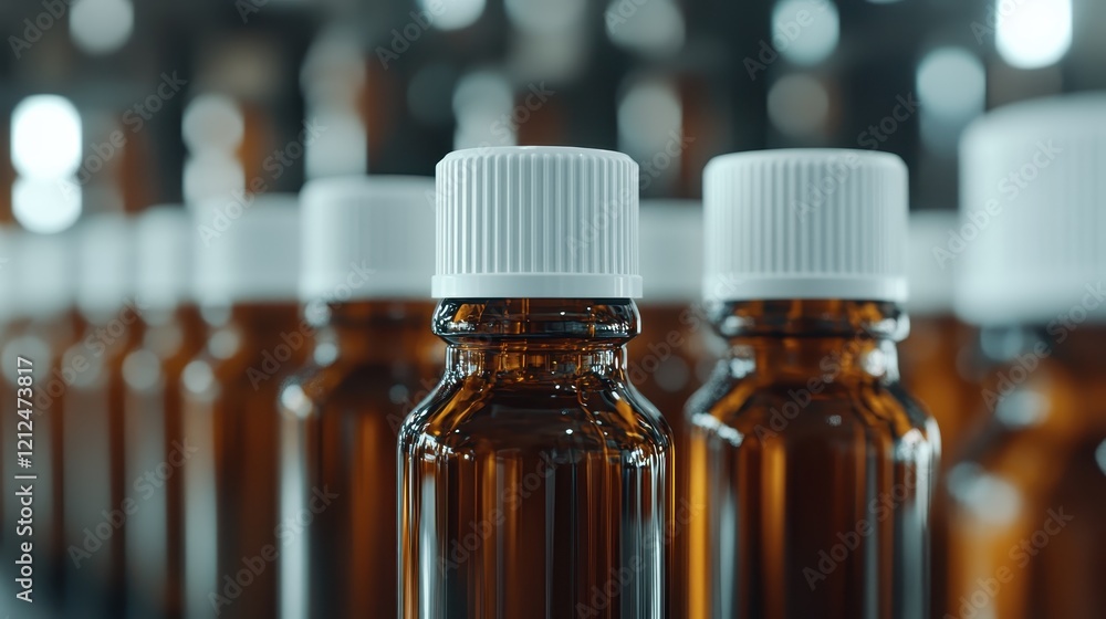 Poster this image features a set of elegant brown glass bottles with soft focus in the background, creating