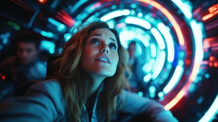 An imaginative depiction of a woman gazing up in awe within a high-tech environment, symbolizing the excitement and curiosity of futuristic space travels.