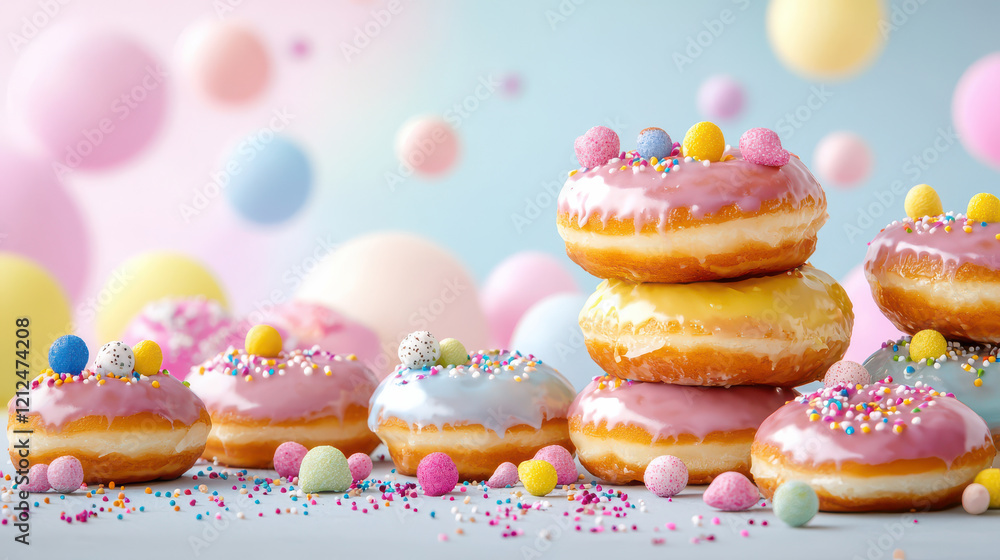 Aufkleber whimsical scene of mini donuts with colorful glazes and sprinkles, surrounded by pastel colored ball