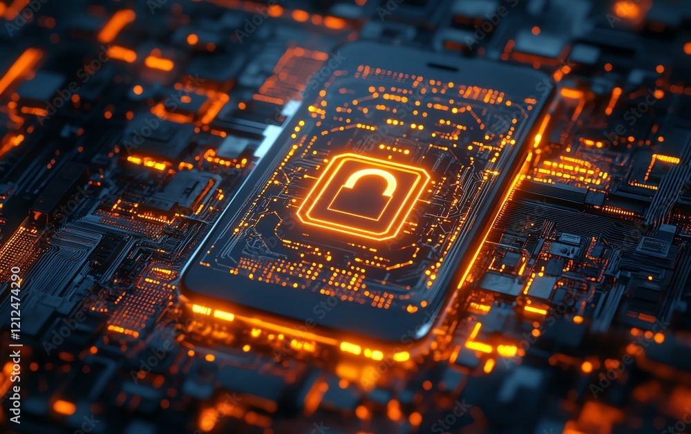 Poster smartphone secured with a digital lock icon, surrounded by glowing circuitry and network patterns, s