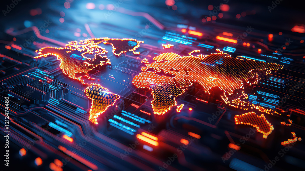 Aufkleber world map illuminated by technology, showcasing vibrant connections and data flow across continents,