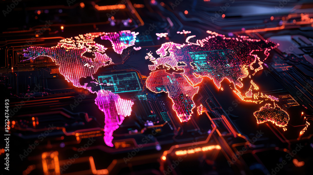 Leinwandbilder world map illuminated by technology, showcasing vibrant colors and intricate circuitry patterns, symbolizes fusion of geography and digital innovation