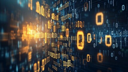 grid of glowing binary code with varying intensity levels, resembling data transmission over a dark space. Binary Numbers 