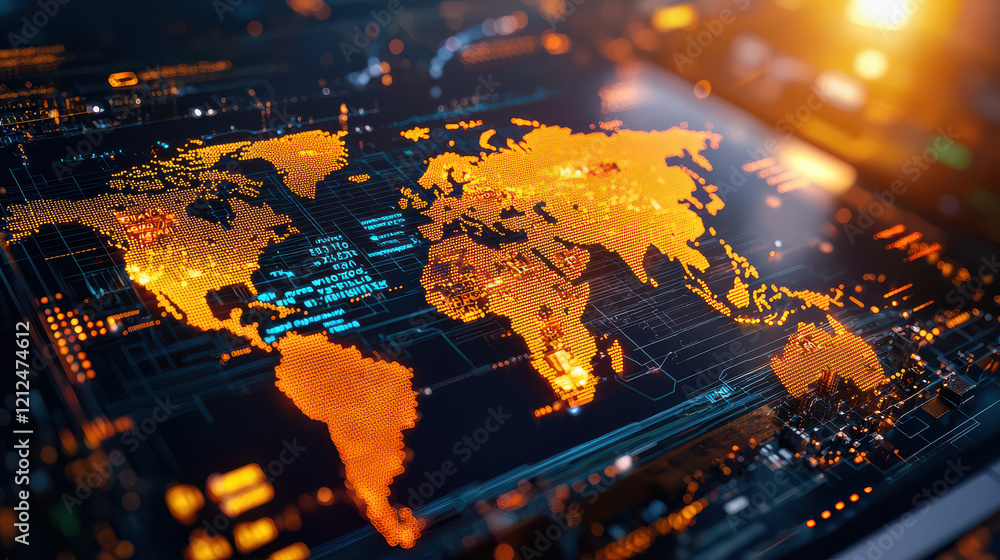 Poster world map illuminated by technology, showcasing vibrant orange lights and digital data, representing