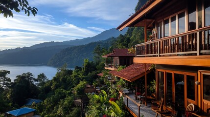 Obraz premium Serene Lakeside Villa Getaway: Breathtaking Mountain Views