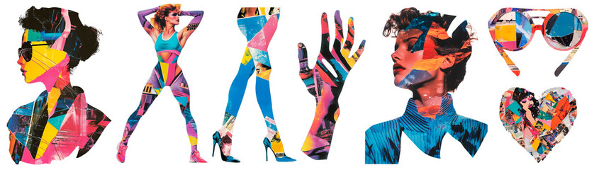 Pop Art Collage: Women’s Silhouettes, High Heels, Hands, Portraits, Sunglasses, and Heart Motif in Bold Abstract Colors.