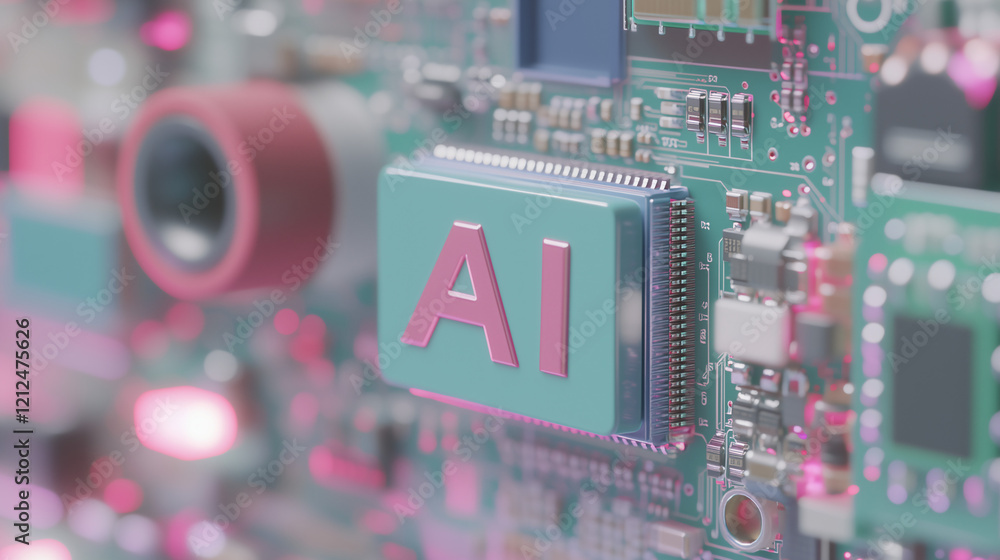 Poster ai microchip close up: a detailed close-up shot of an ai microchip nestled within a complex circuit 