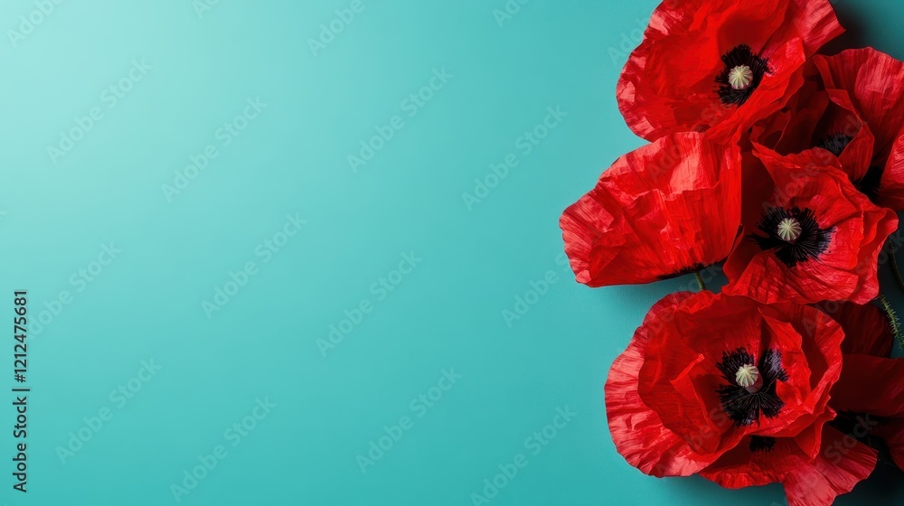 Poster bright red poppies arranged on a solid turquoise background create a stunning visual contrast, perfe