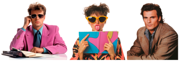 Retro Style Collage: Confident Man in Pink Suit, Playful Woman with Sunglasses and Book, and Classic Gentleman in Plaid Jacket for Creative Retro Design Projects.