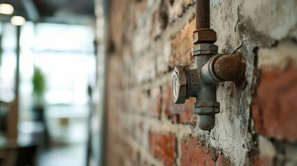 Rustic Pipe Valve on a Brick Wall in Industrial Style Setting