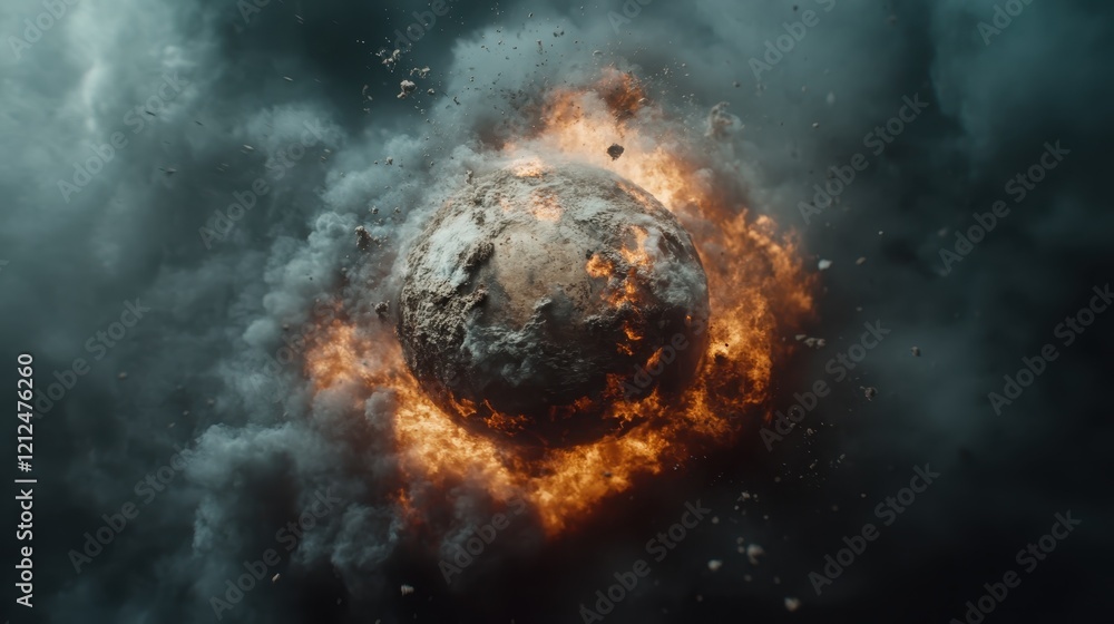 Poster this visually striking image depicts the explosive fragmentation of a planet surrounded by fiery ele